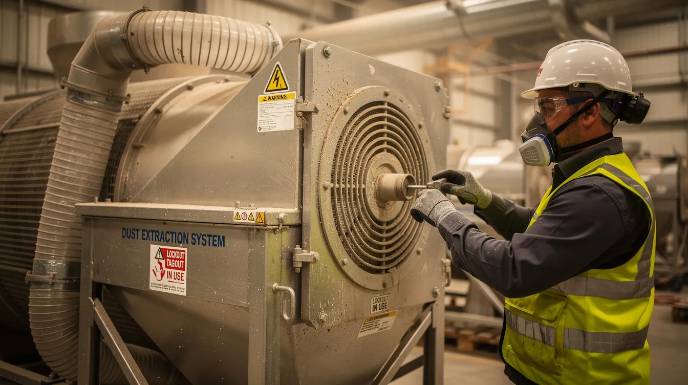 The image depicts a variety of dust extraction maintenance parts
